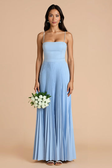 Bleu ciel plissé une ligne spaghetti bretelles Maxi robe de demoiselle d’honneur